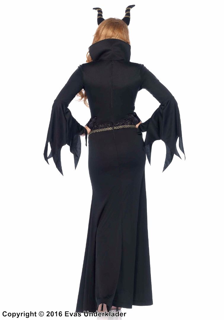 Maleficent från Törnrosa, maskeradklänning med hög slits, glitter och rivna ärmar